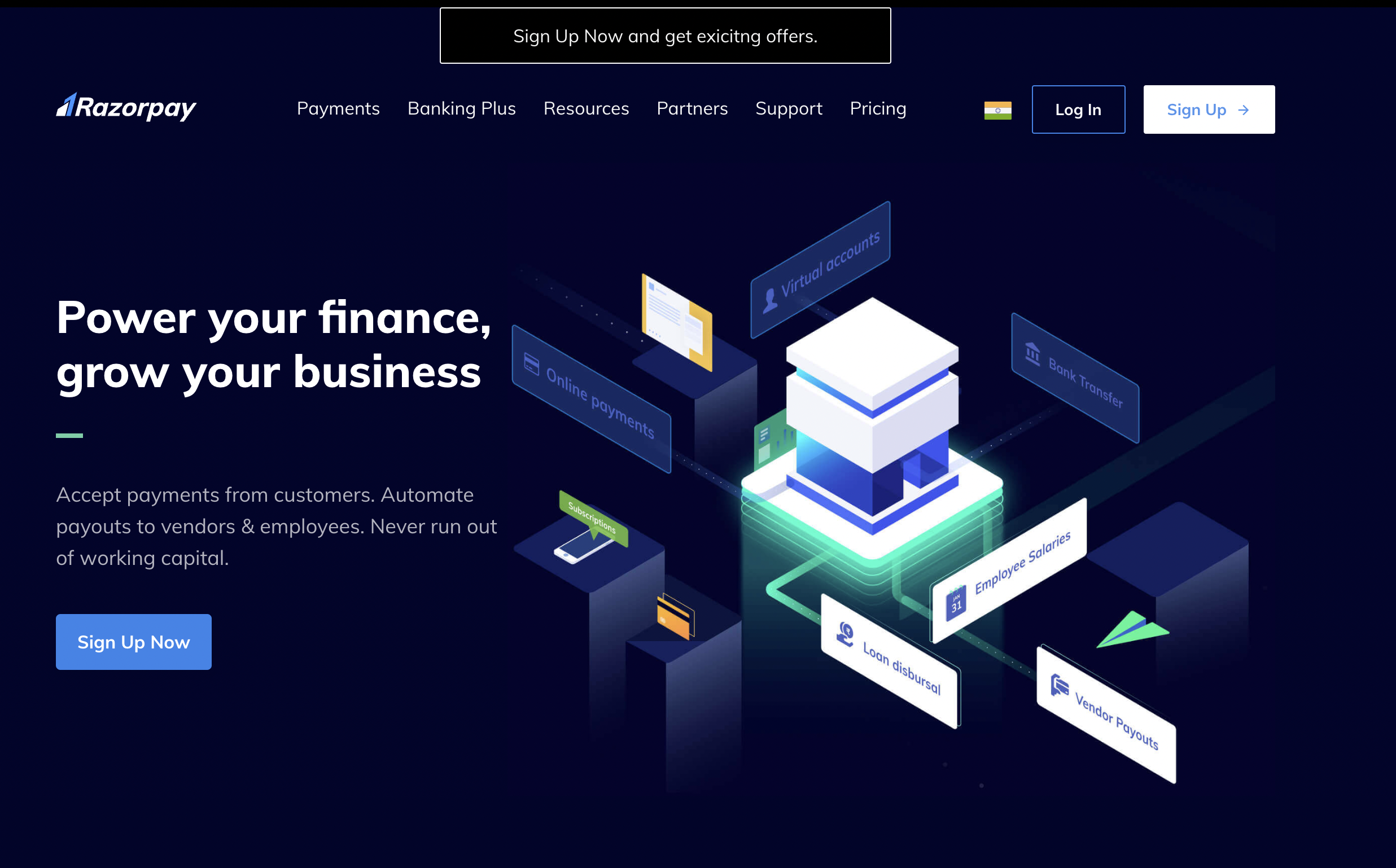 Razorpay website with banner